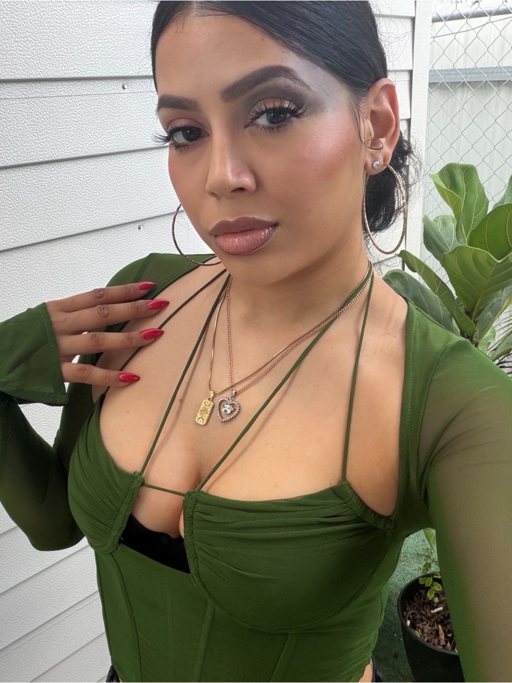 Fashion Nova Olive Green Strappy Mesh Long-Sleeve Crop Top